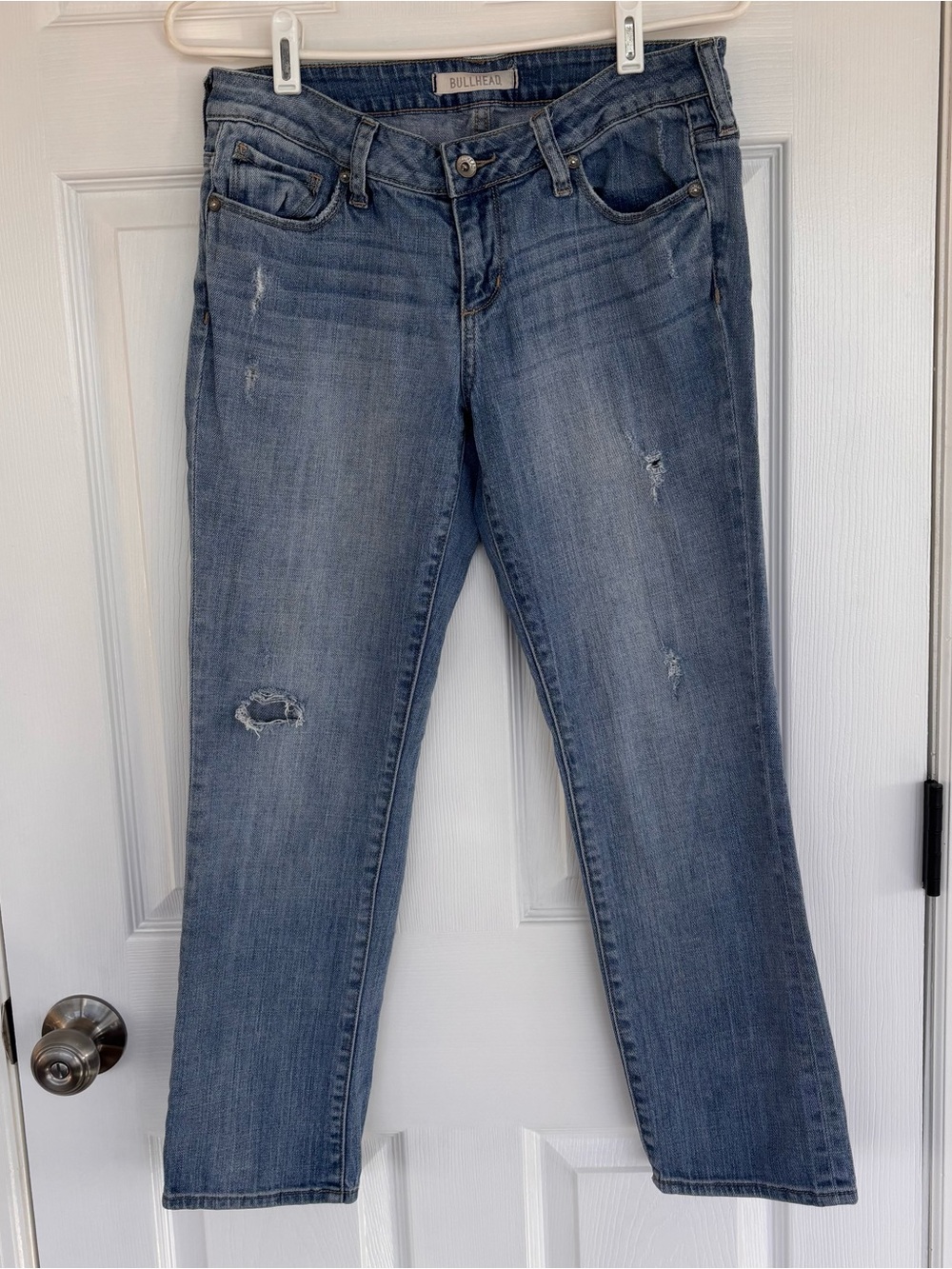 Bullhead Women's Straight Leg Distressed Blue Jeans